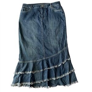 Baccini Denim Ruffle Midi Maxi Frayed Hem Asymmetric Western Boho Y2K Skirt, 12